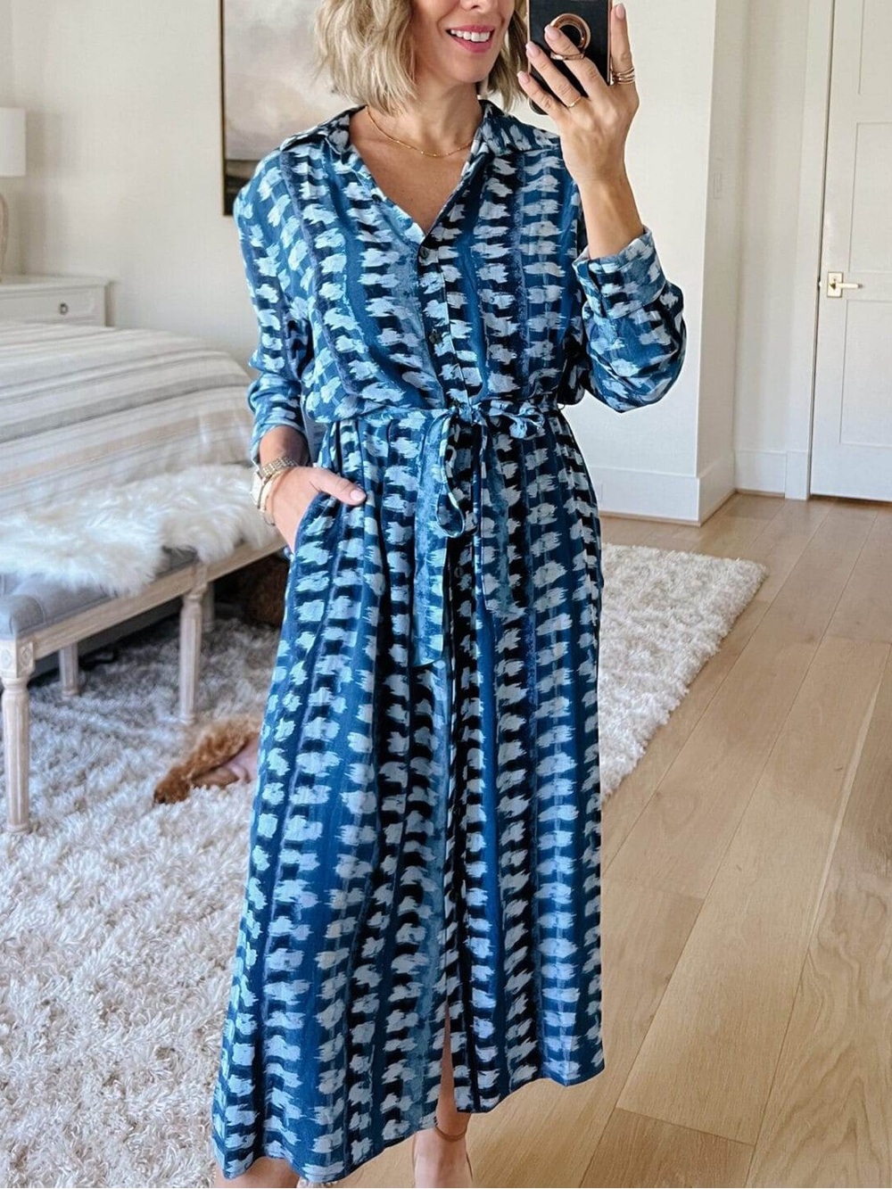 Time and Tru Blue Patterned Midi Shirt Dress with Tie Waist